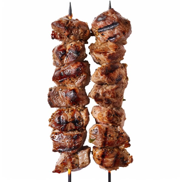 Two skewers of grilled LA Tacos & Kabobs meat, seasoned and slightly charred, against a white background.
