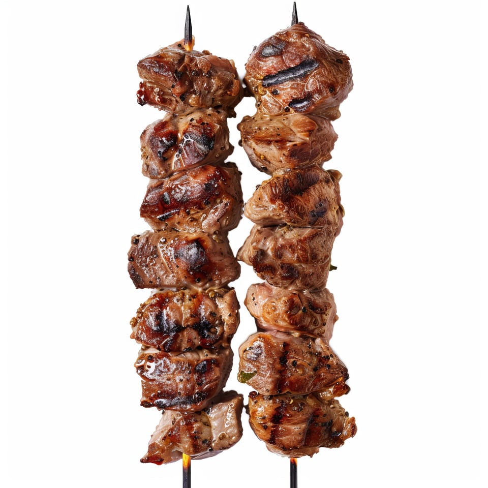 Two skewers of grilled LA Tacos & Kabobs meat, seasoned and slightly charred, against a white background.